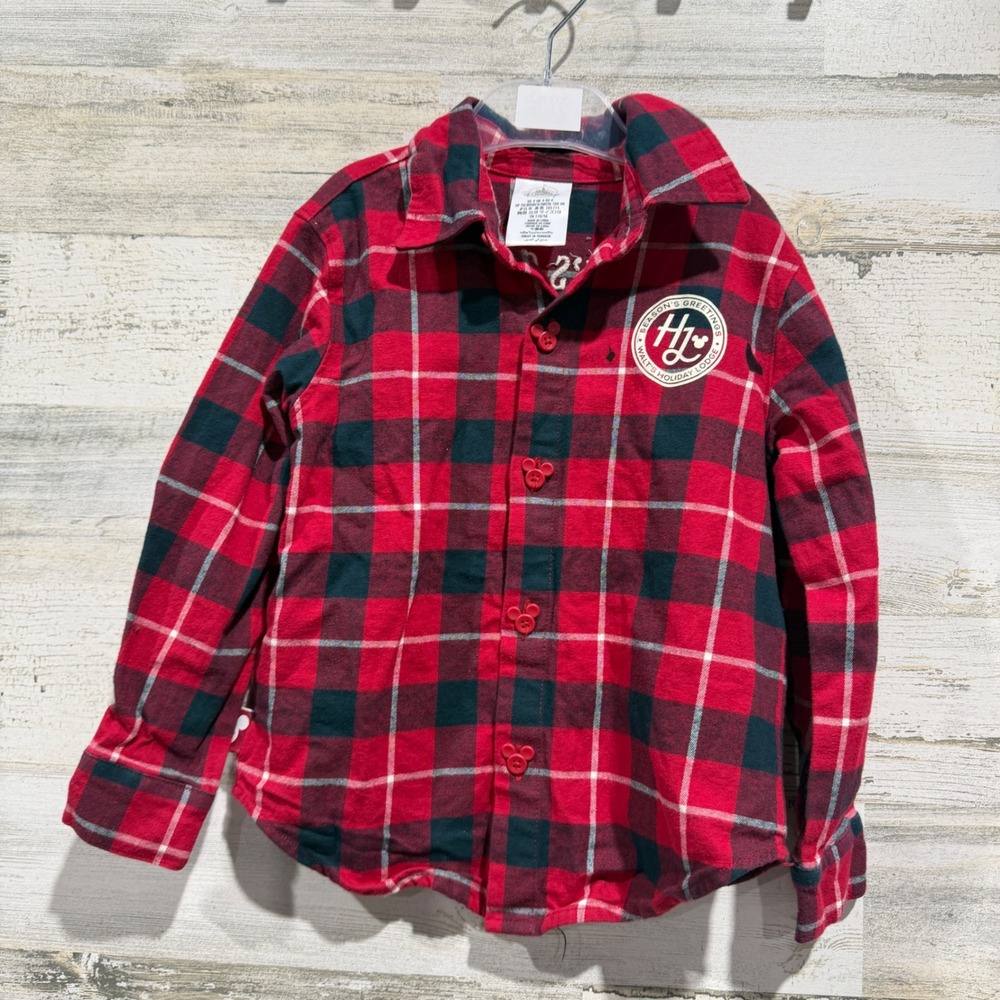 Disney Flannel Shirt Boys 4 Red Plaid Mickey Mouse Holiday Lodge *Flawed